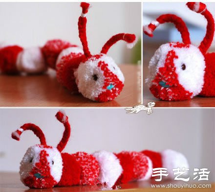 毛線+叉子+串珠 手工制作可愛毛毛蟲玩具 - www.fasang.cn